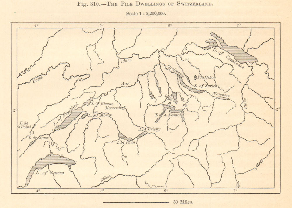 Prehistoric Pile Dwellings of Switzerland. Lakes. Sketch map 1885 old